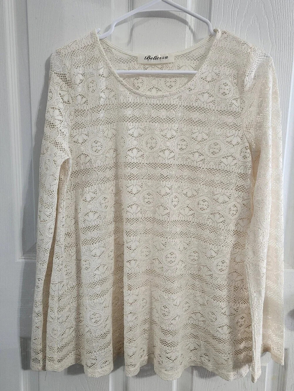 Cream long sleeve open knit lacey sheer blouse beachy coastal y2k